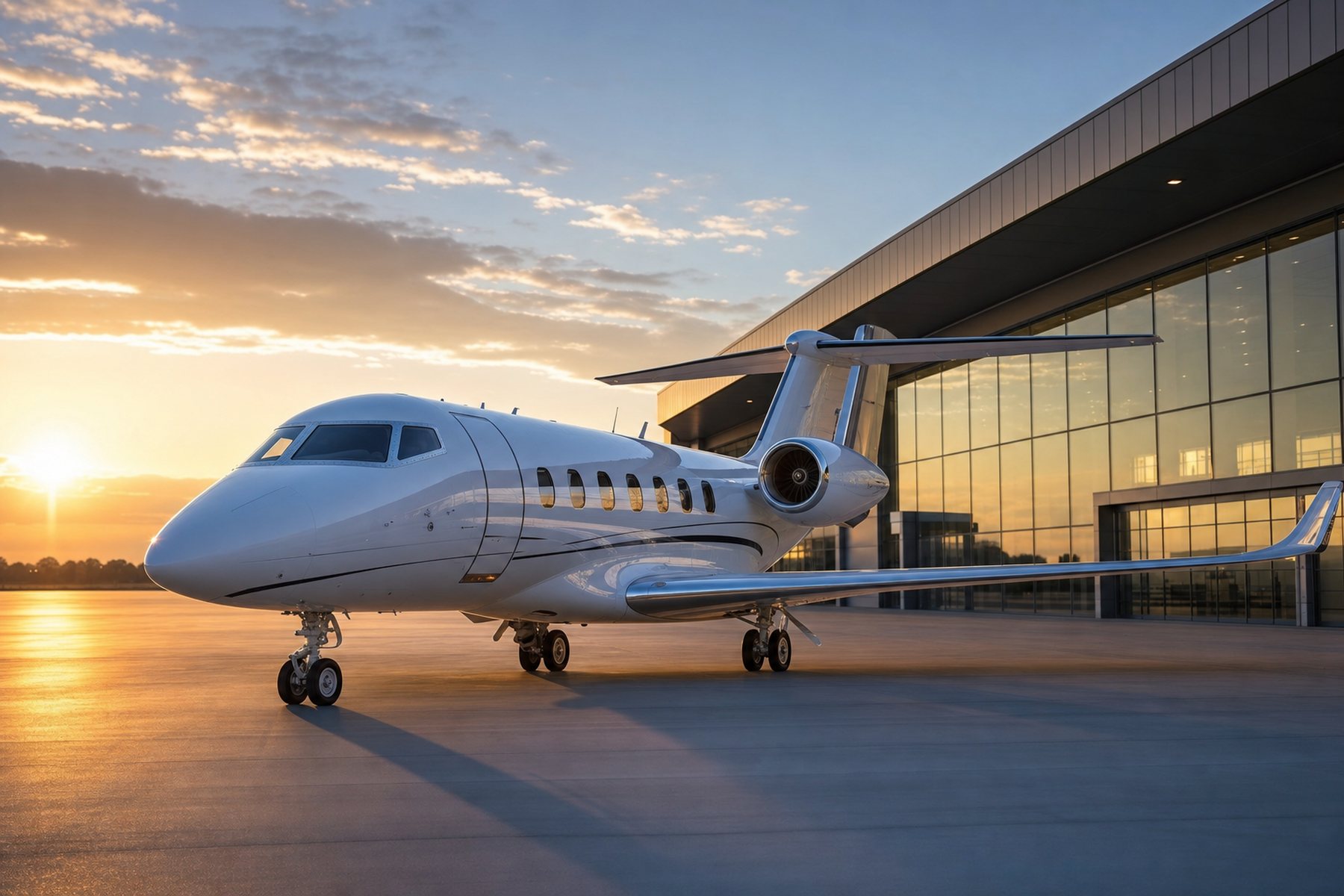 Business jet on the ramp at golden hour